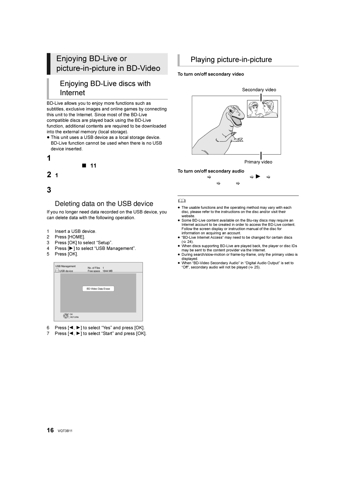 Panasonic DMP-BD75 manual Enjoying BD-Live or picture-in-picture in BD-Video, Deleting data on the USB device, Press PIP 