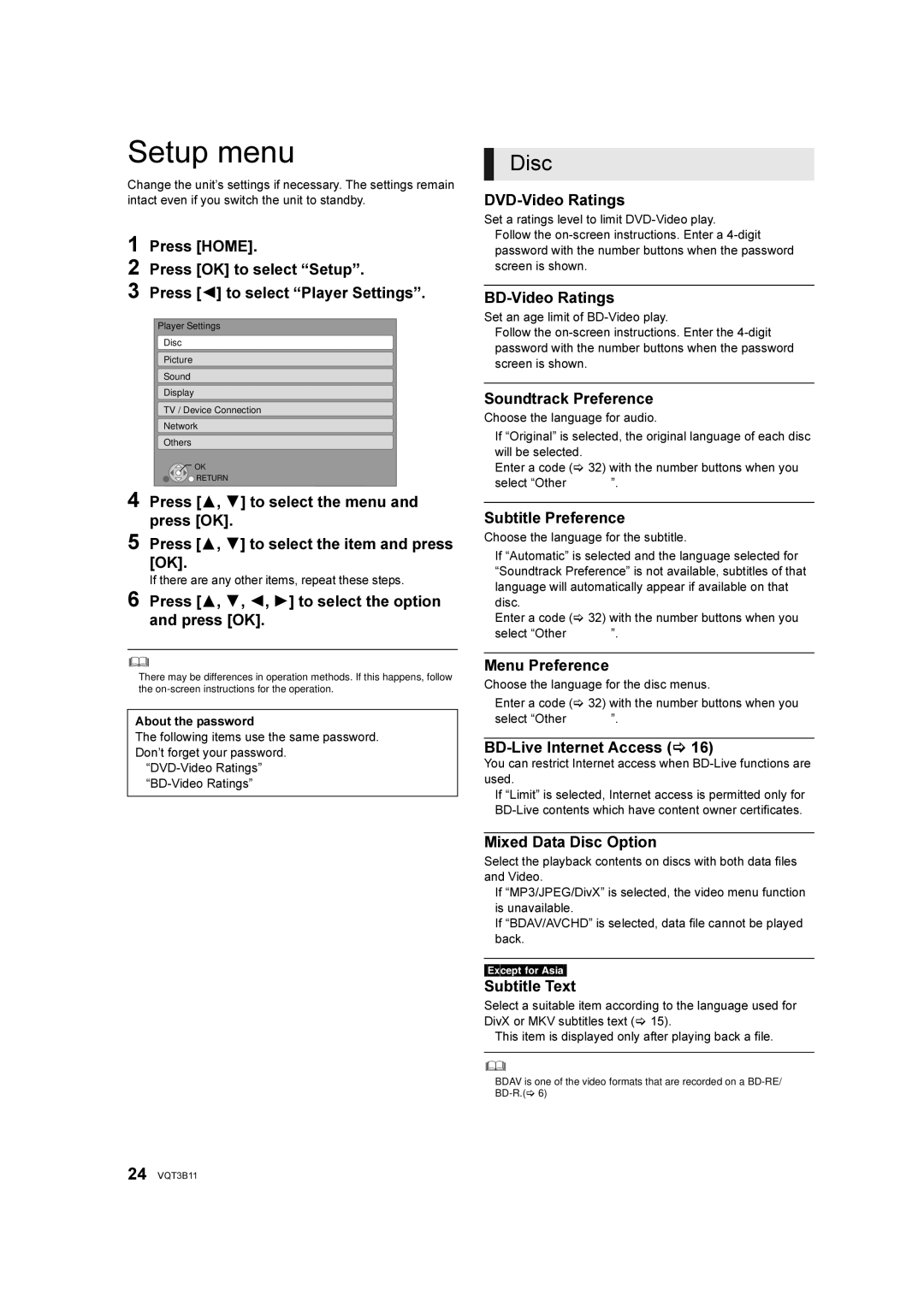 Panasonic DMP-BD75 manual Setup menu 