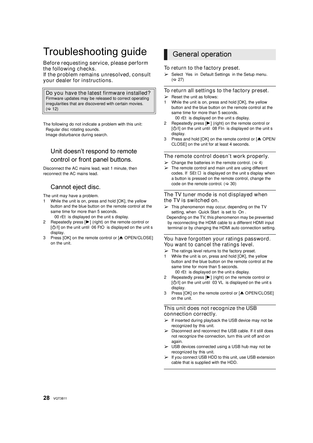 Panasonic DMP-BD75 manual Troubleshooting guide, General operation, Cannot eject disc 