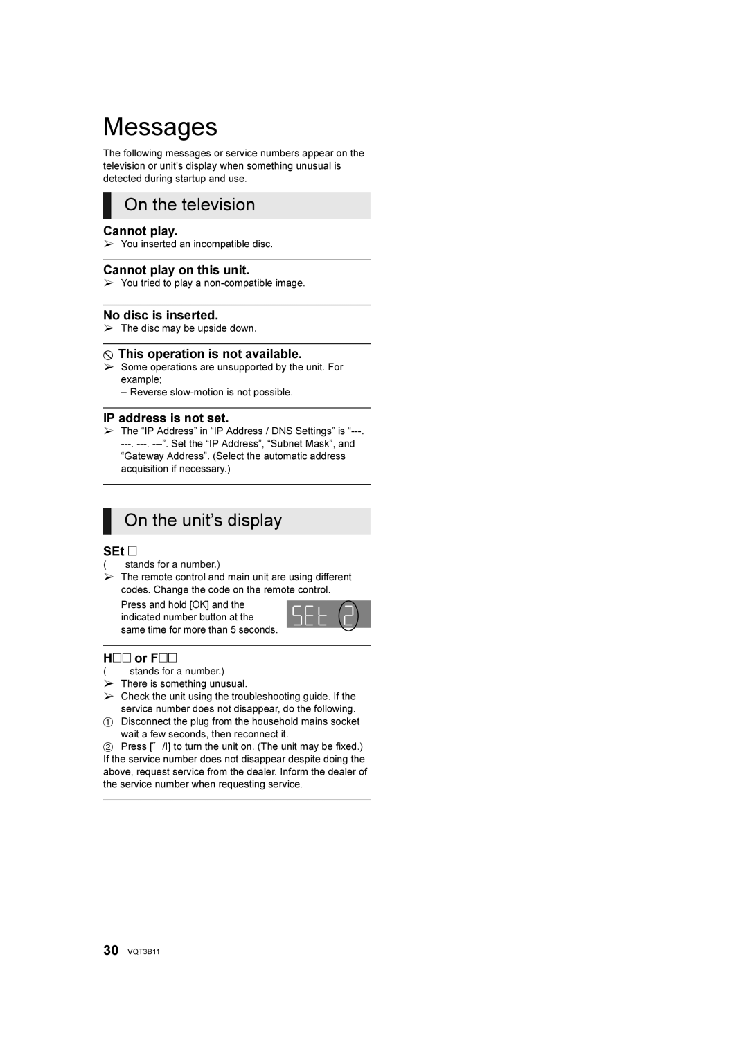 Panasonic DMP-BD75 manual Messages, On the television, On the unit’s display 