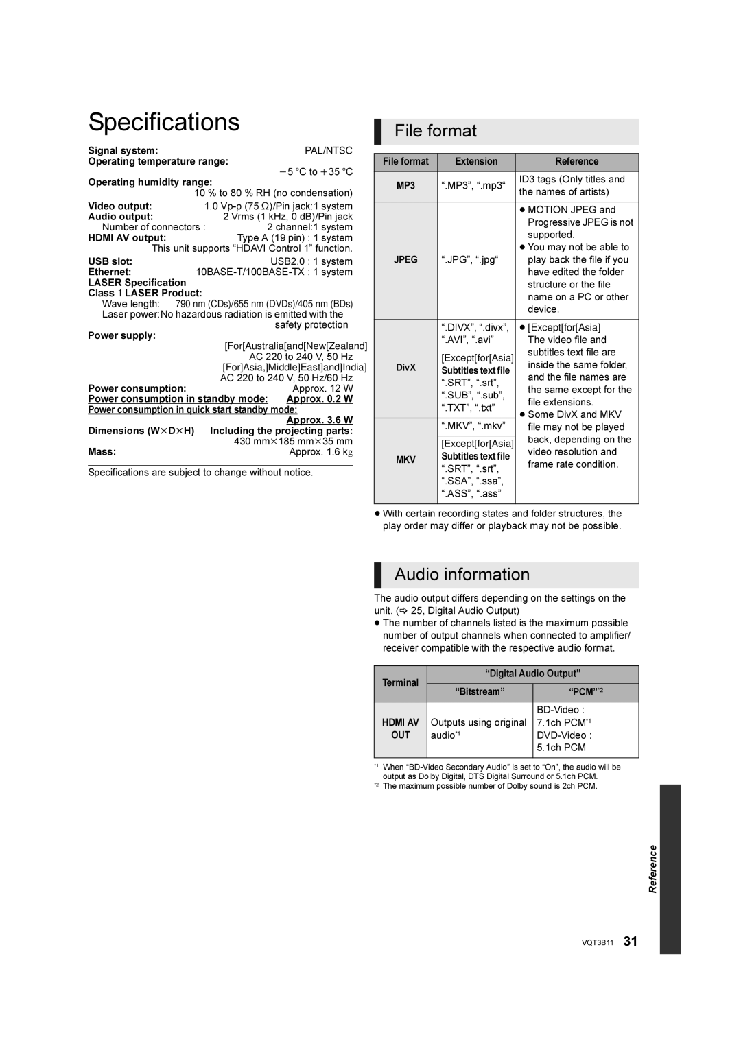 Panasonic DMP-BD75 manual Specifications, File format, Audio information 