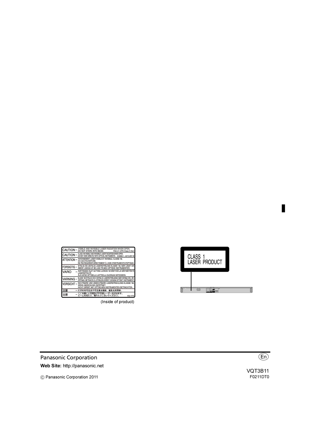 Panasonic DMP-BD75 manual Inside of product, Panasonic Corporation F0211DT0 