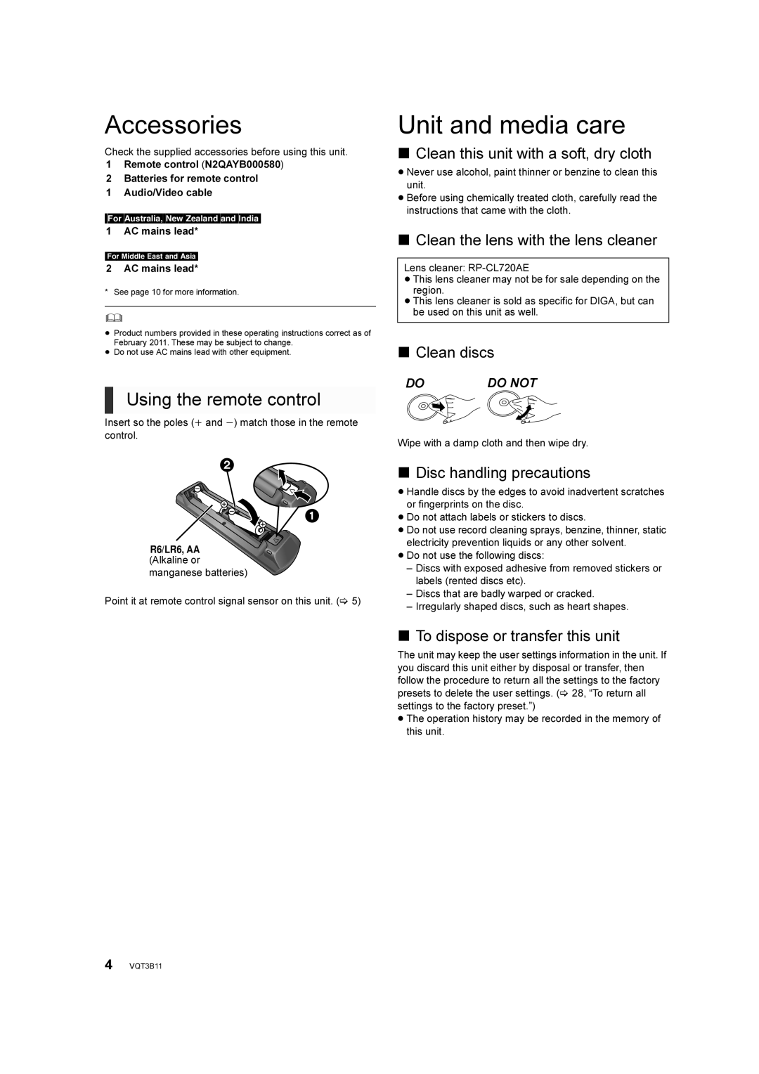 Panasonic DMP-BD75 manual Accessories, Unit and media care, Using the remote control 