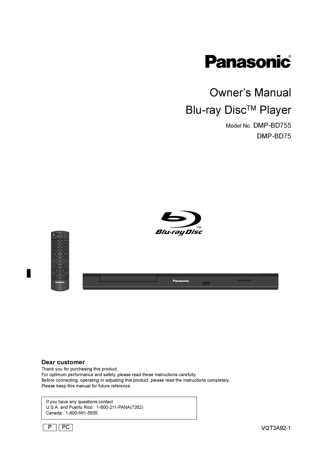 Panasonic DMP-BD755 owner manual Blu-ray DiscTM Player 