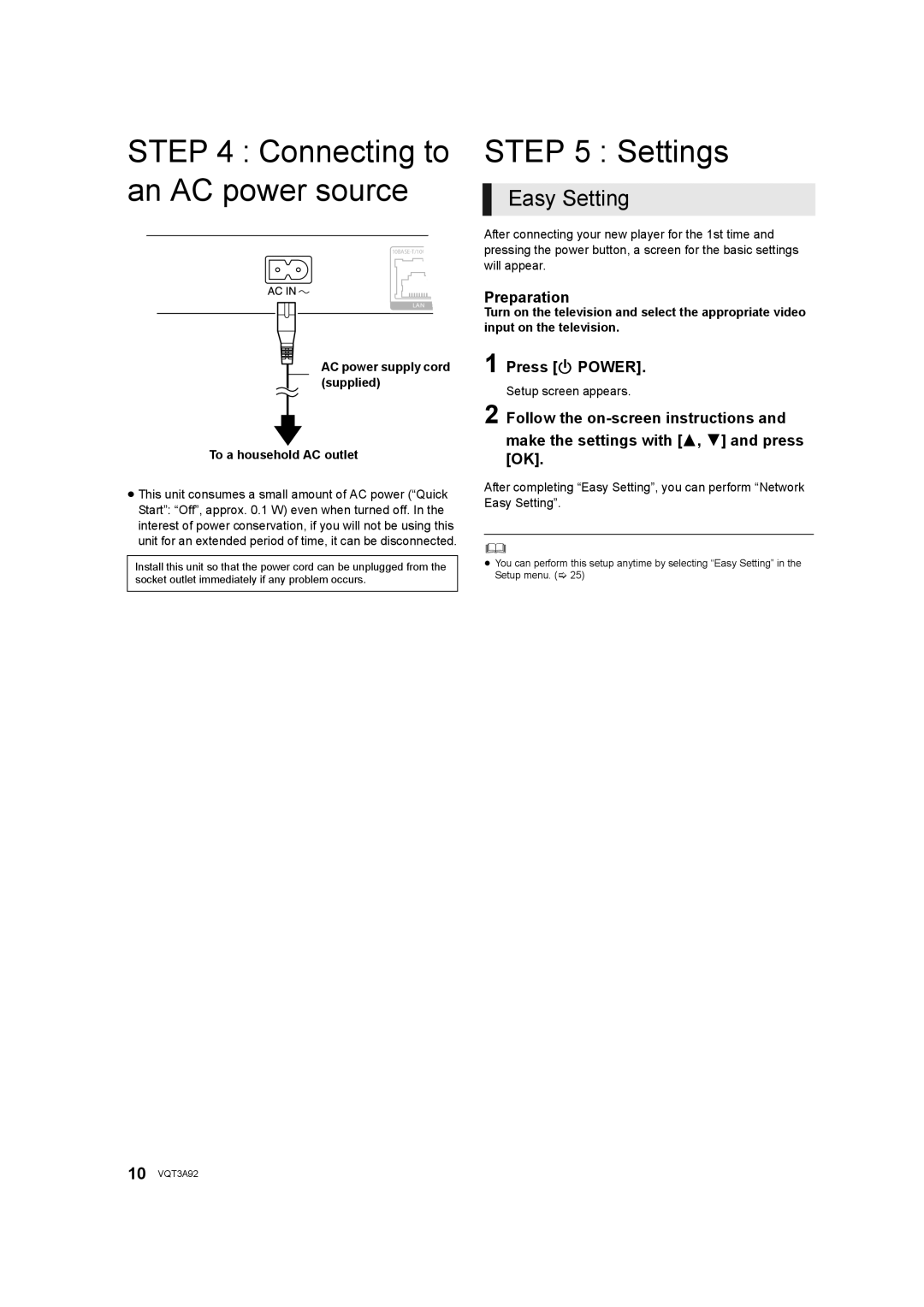 Panasonic DMP-BD755 owner manual Connecting to an AC power source, Settings, Easy Setting, Preparation, Press Í Power 