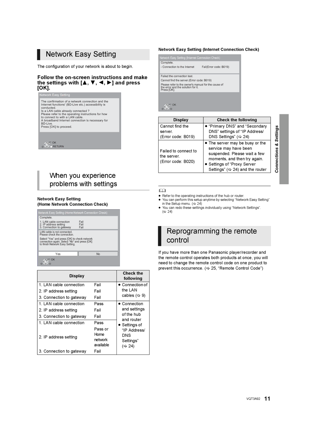 Panasonic DMP-BD755 owner manual Network Easy Setting, Reprogramming the remote control 