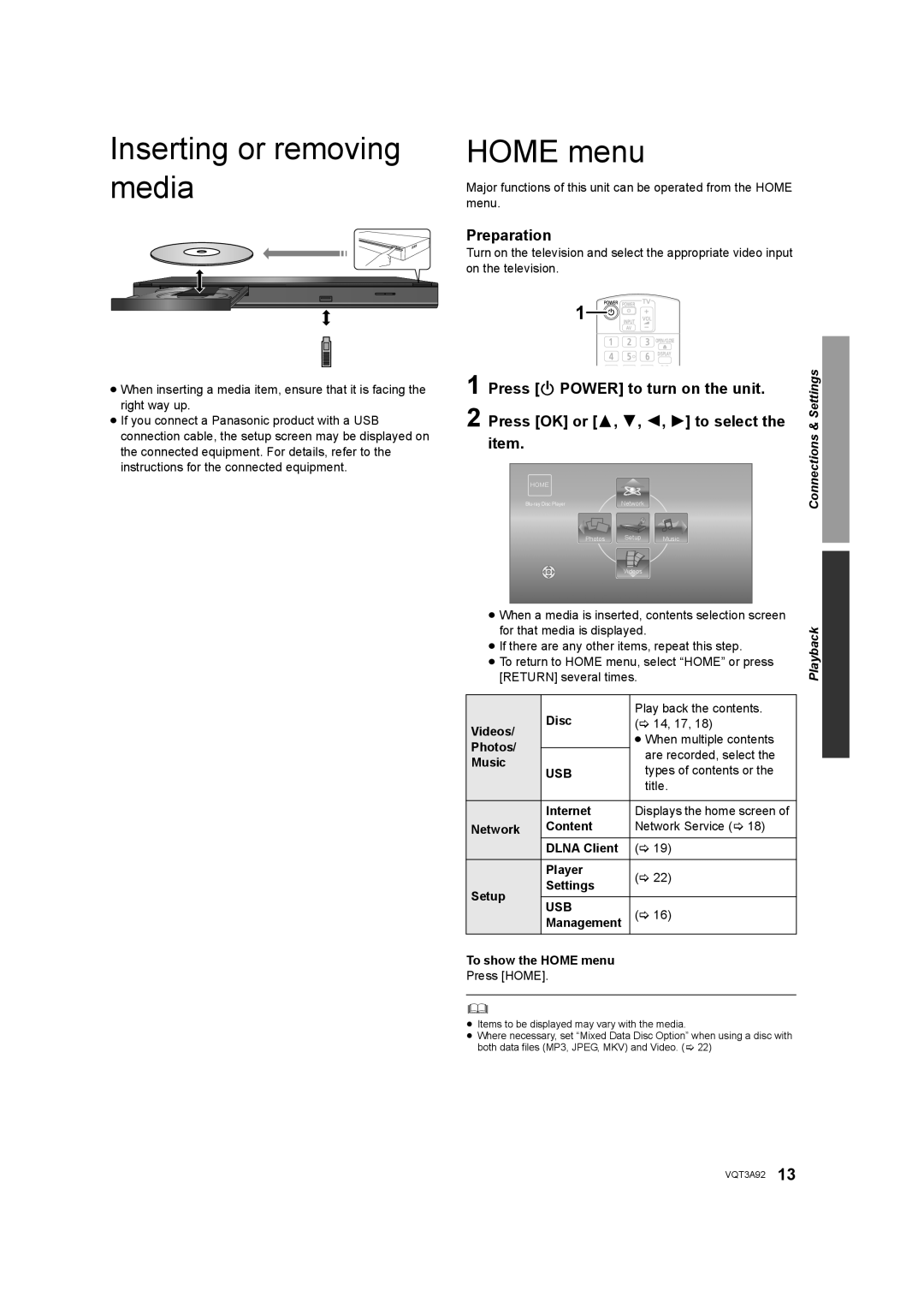 Panasonic DMP-BD755 owner manual Inserting or removing media, Home menu, Press OK or 3, 4, 2, 1 to select 