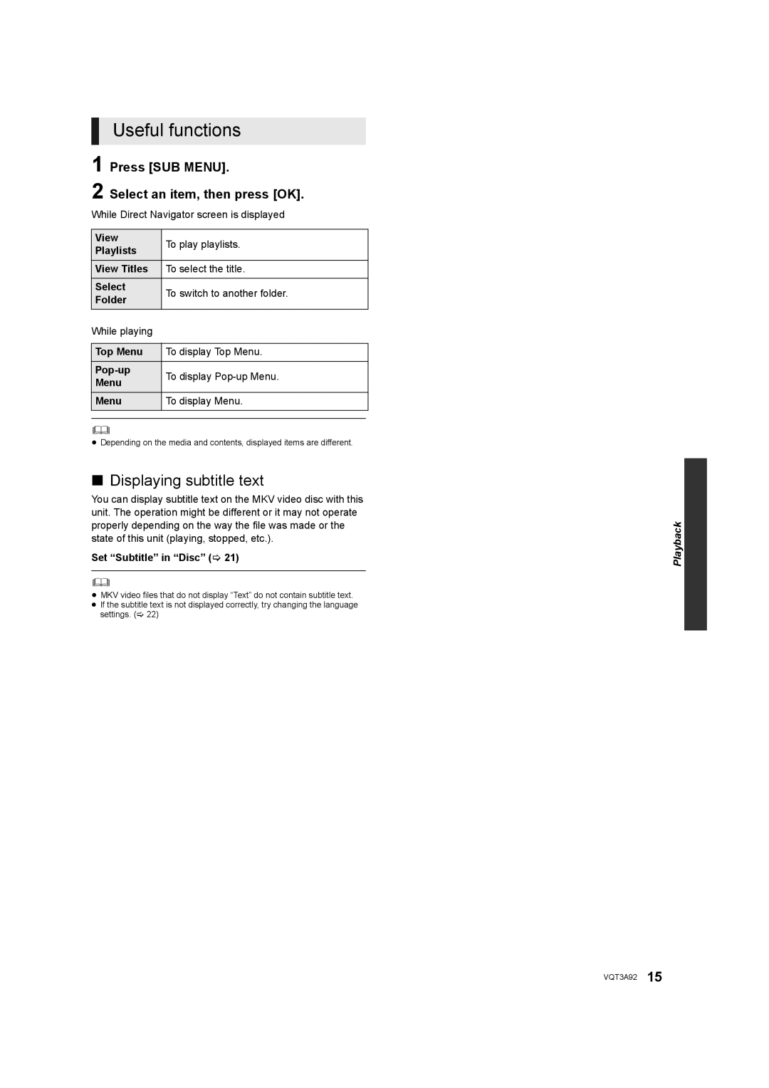 Panasonic DMP-BD755 owner manual Useful functions, Displaying subtitle text, Press SUB Menu, Set Subtitle in Disc 