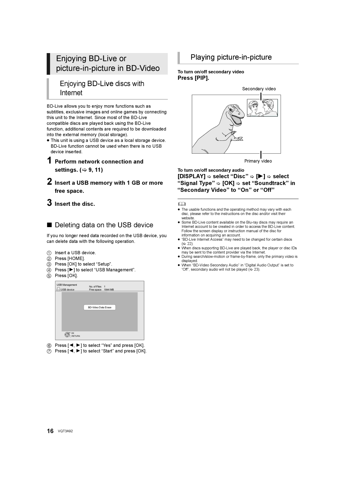 Panasonic DMP-BD755 owner manual Deleting data on the USB device, Press PIP, To turn on/off secondary video 