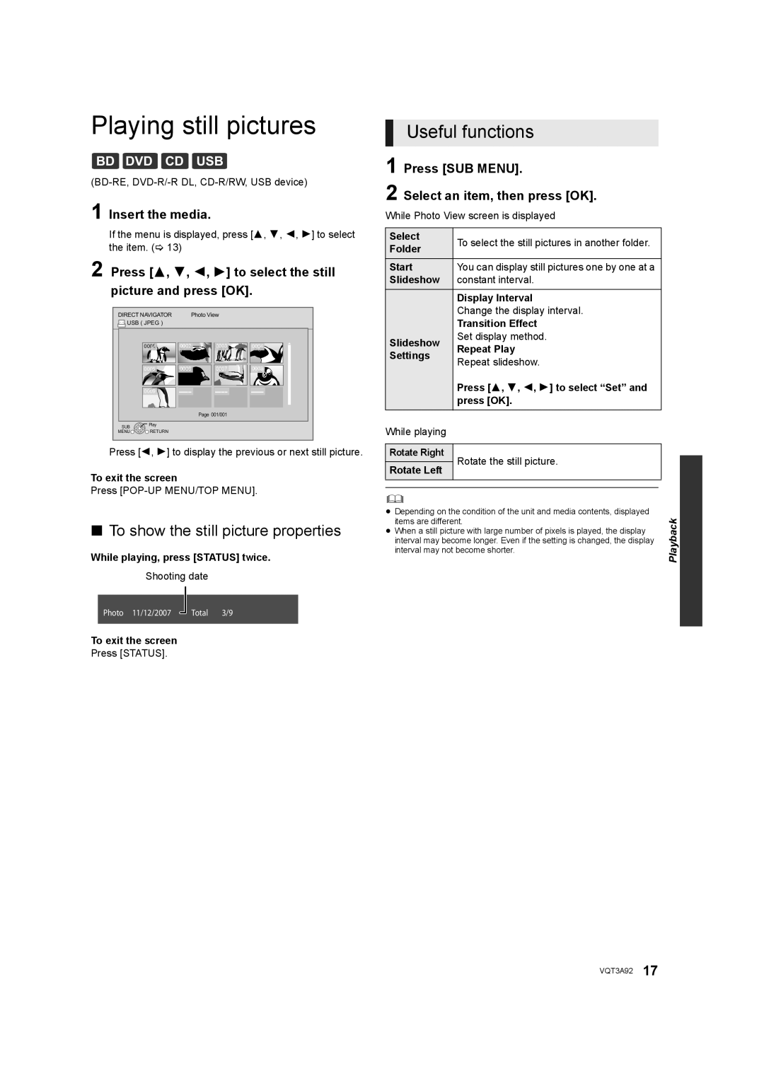 Panasonic DMP-BD755 owner manual Playing still pictures, To show the still picture properties 