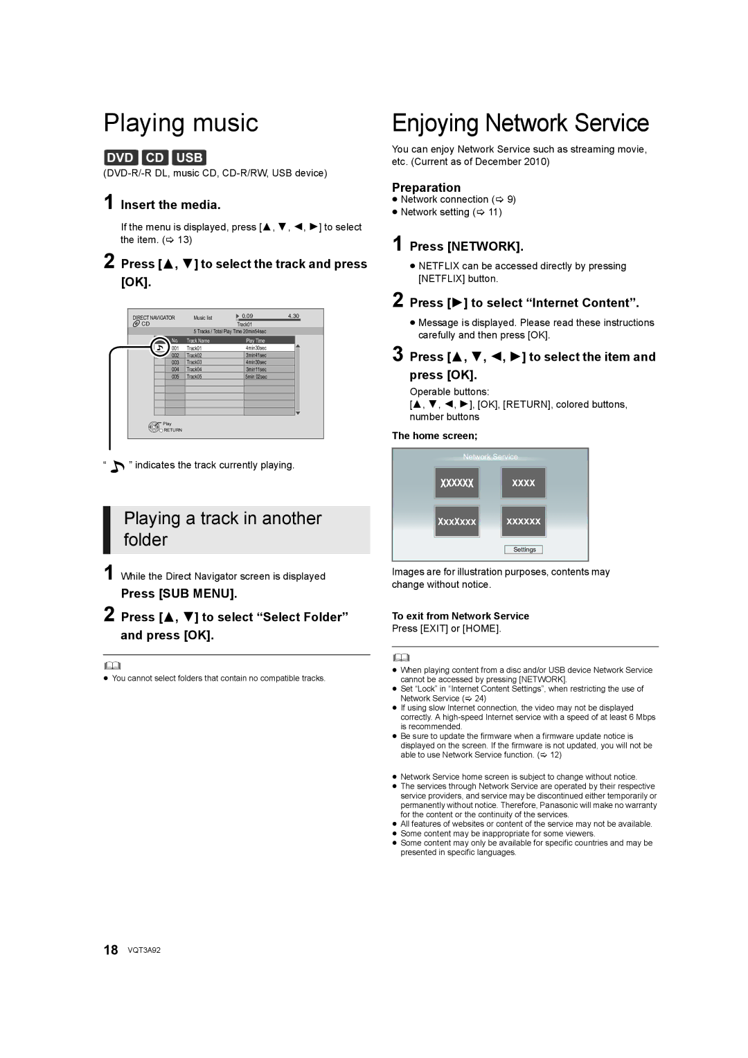 Panasonic DMP-BD755 owner manual Playing music, Enjoying Network Service, Playing a track in another folder 