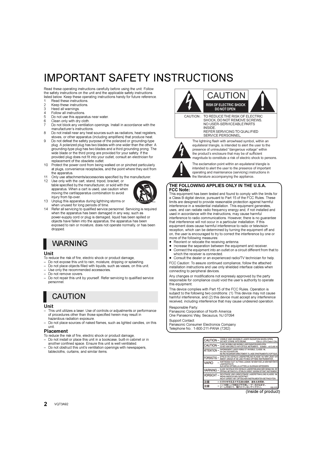 Panasonic DMP-BD755 owner manual Following Applies only in the U.S.A. FCC Note, Inside of product 