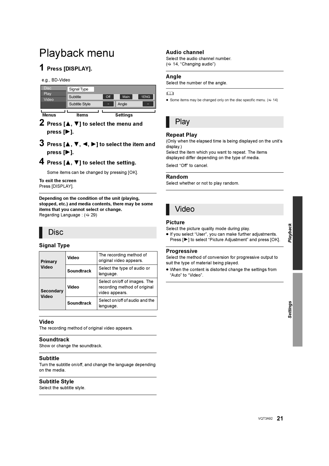 Panasonic DMP-BD755 owner manual Playback menu, Disc, Video 