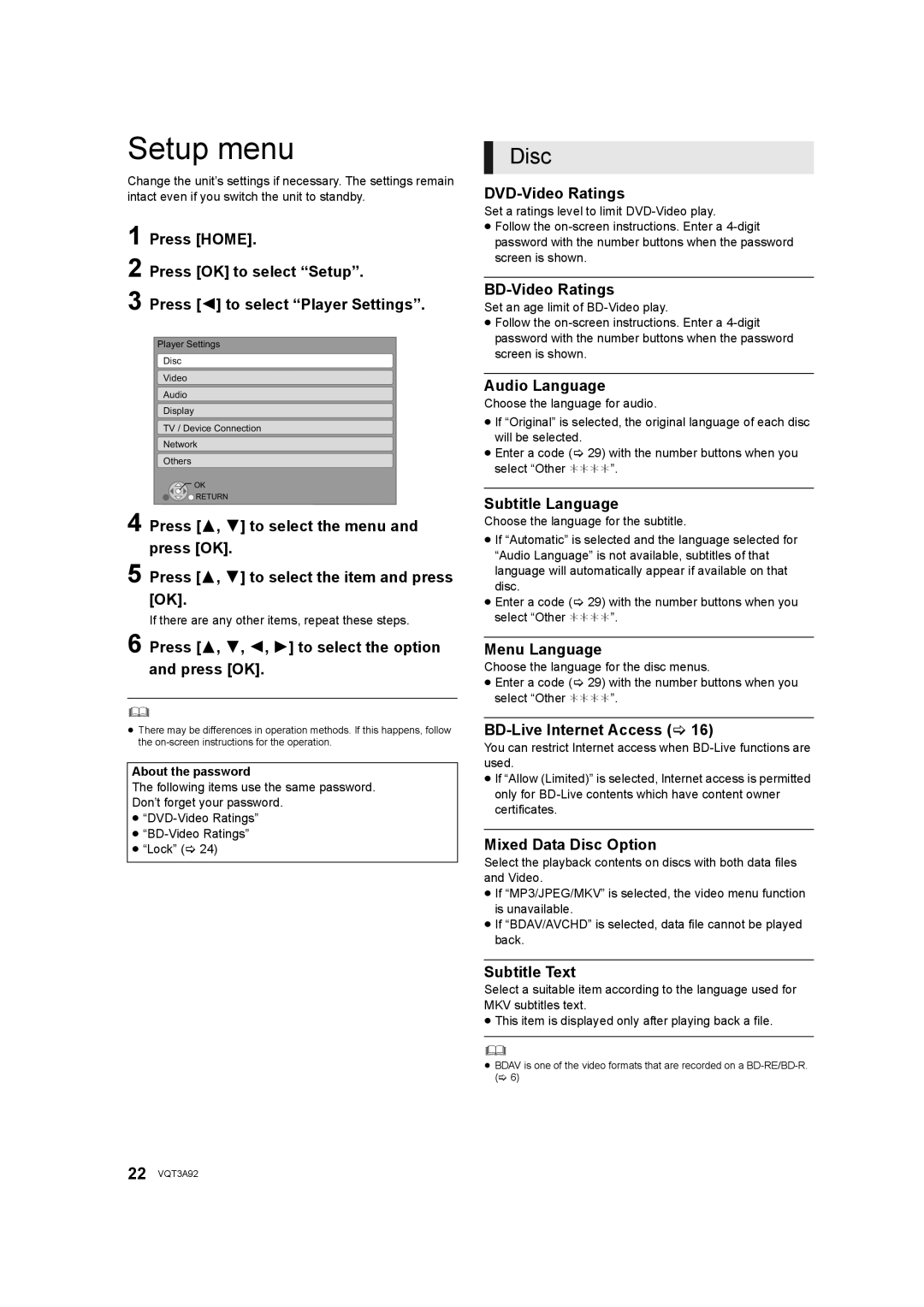 Panasonic DMP-BD755 owner manual Setup menu 