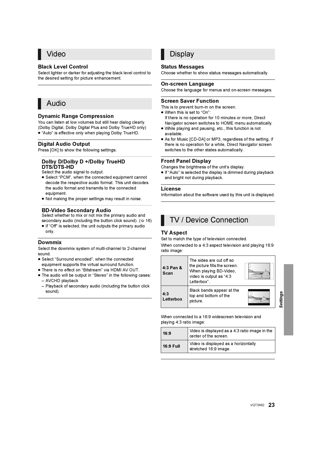 Panasonic DMP-BD755 owner manual Audio, Display, TV / Device Connection 