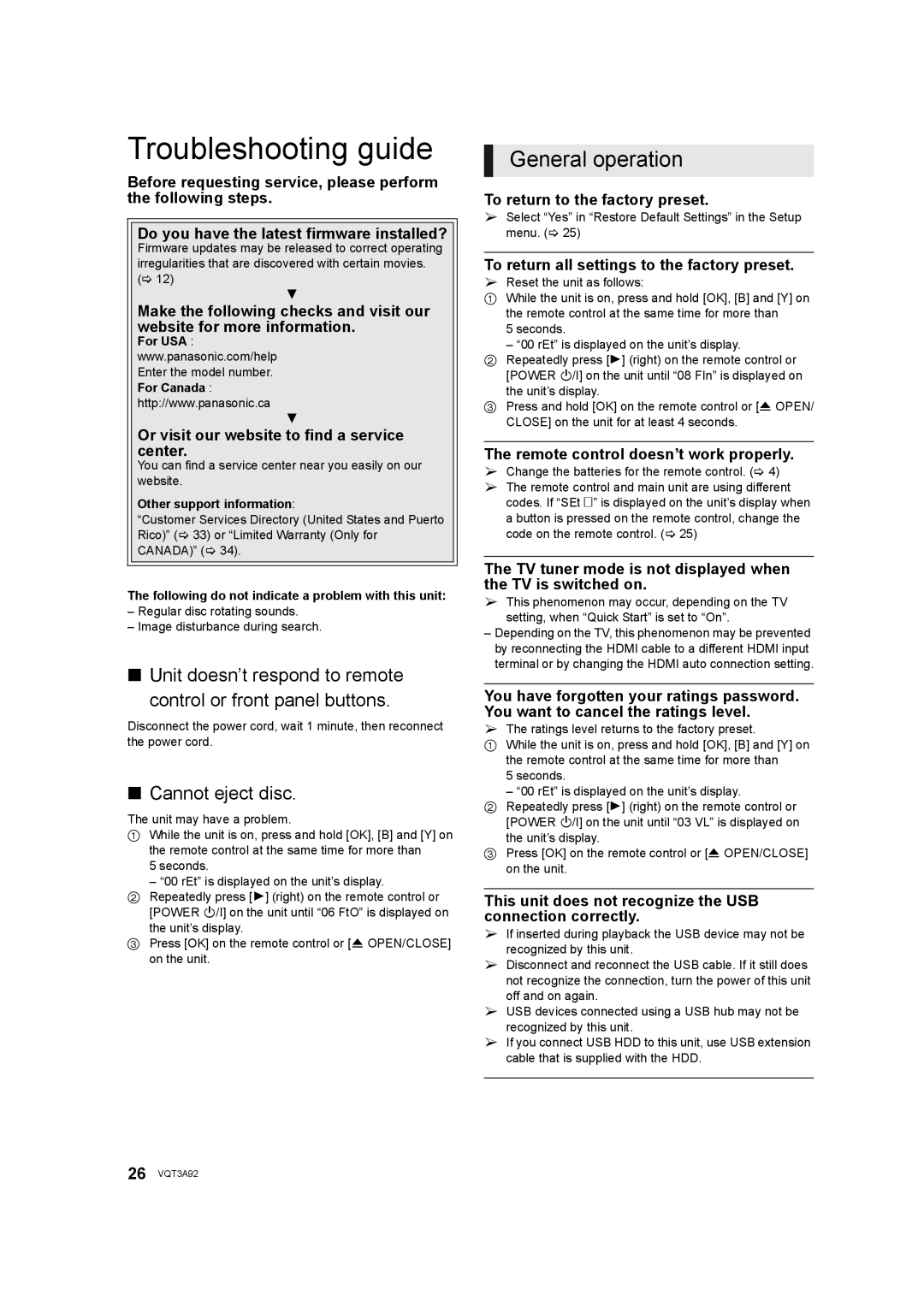 Panasonic DMP-BD755 owner manual Troubleshooting guide, General operation, Cannot eject disc 