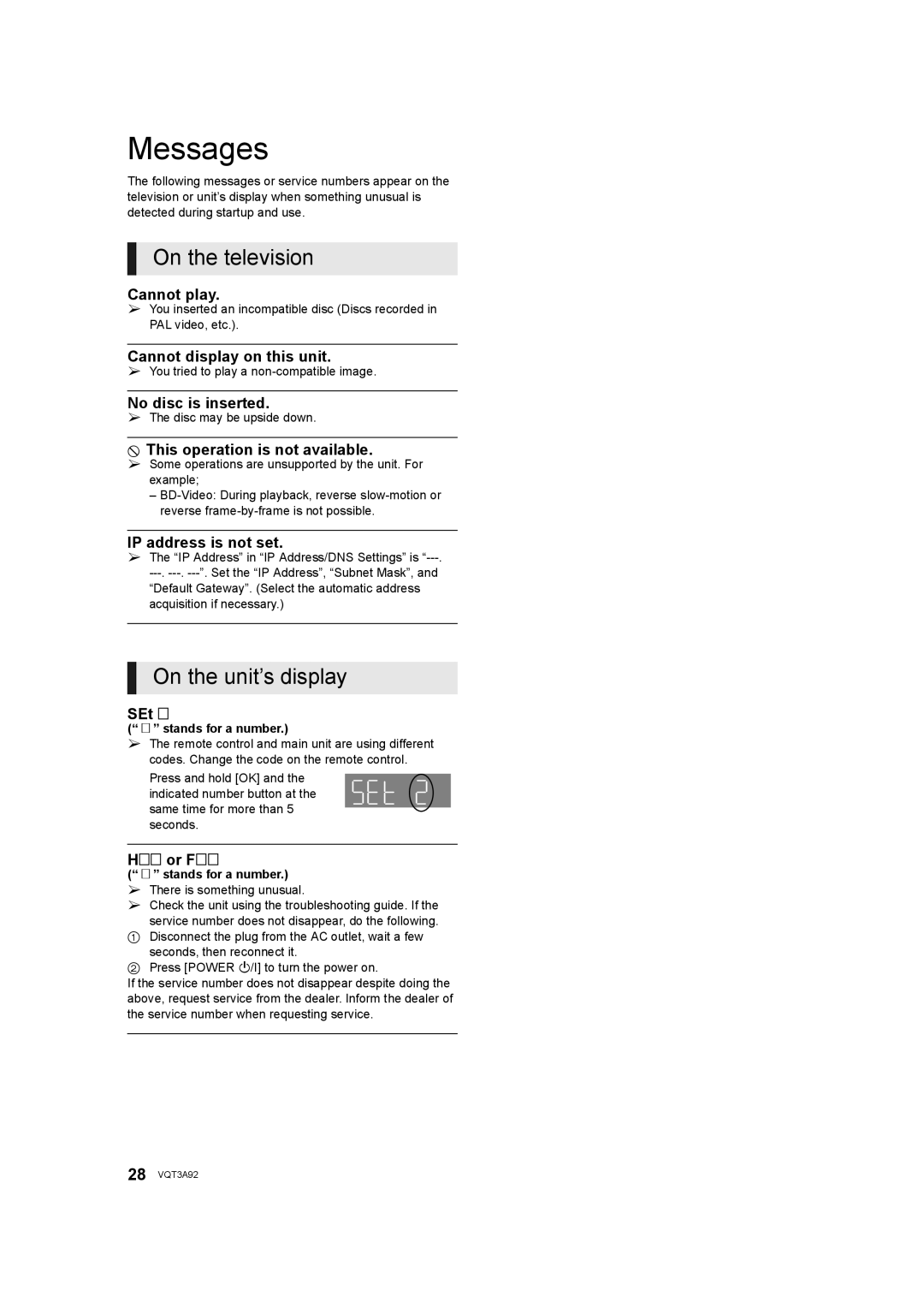 Panasonic DMP-BD755 owner manual Messages, On the television, On the unit’s display 