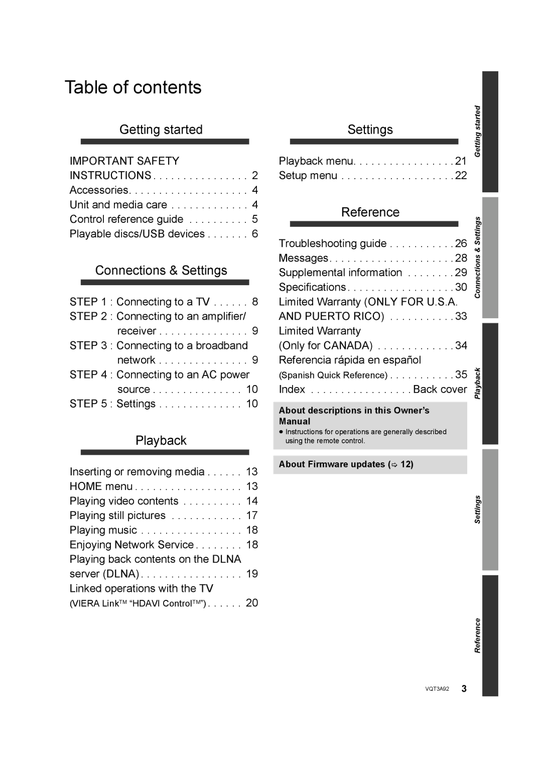 Panasonic DMP-BD755 owner manual Table of contents 