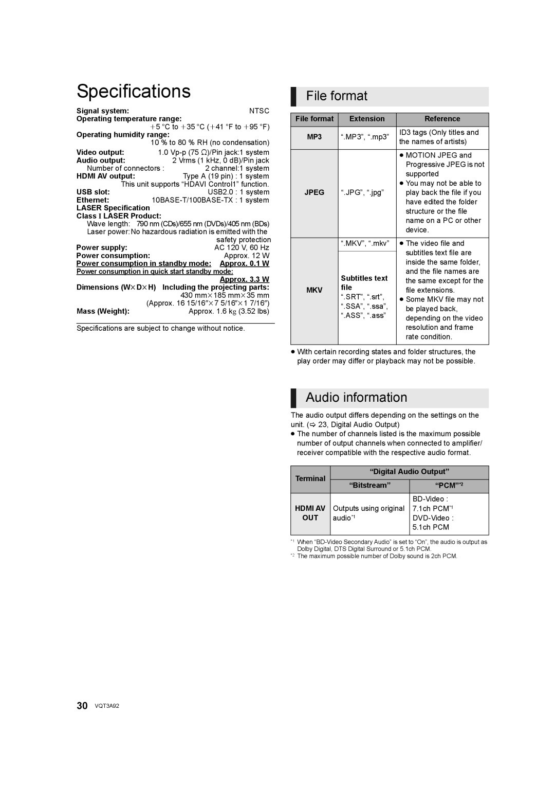 Panasonic DMP-BD755 owner manual Specifications, File format, Audio information 