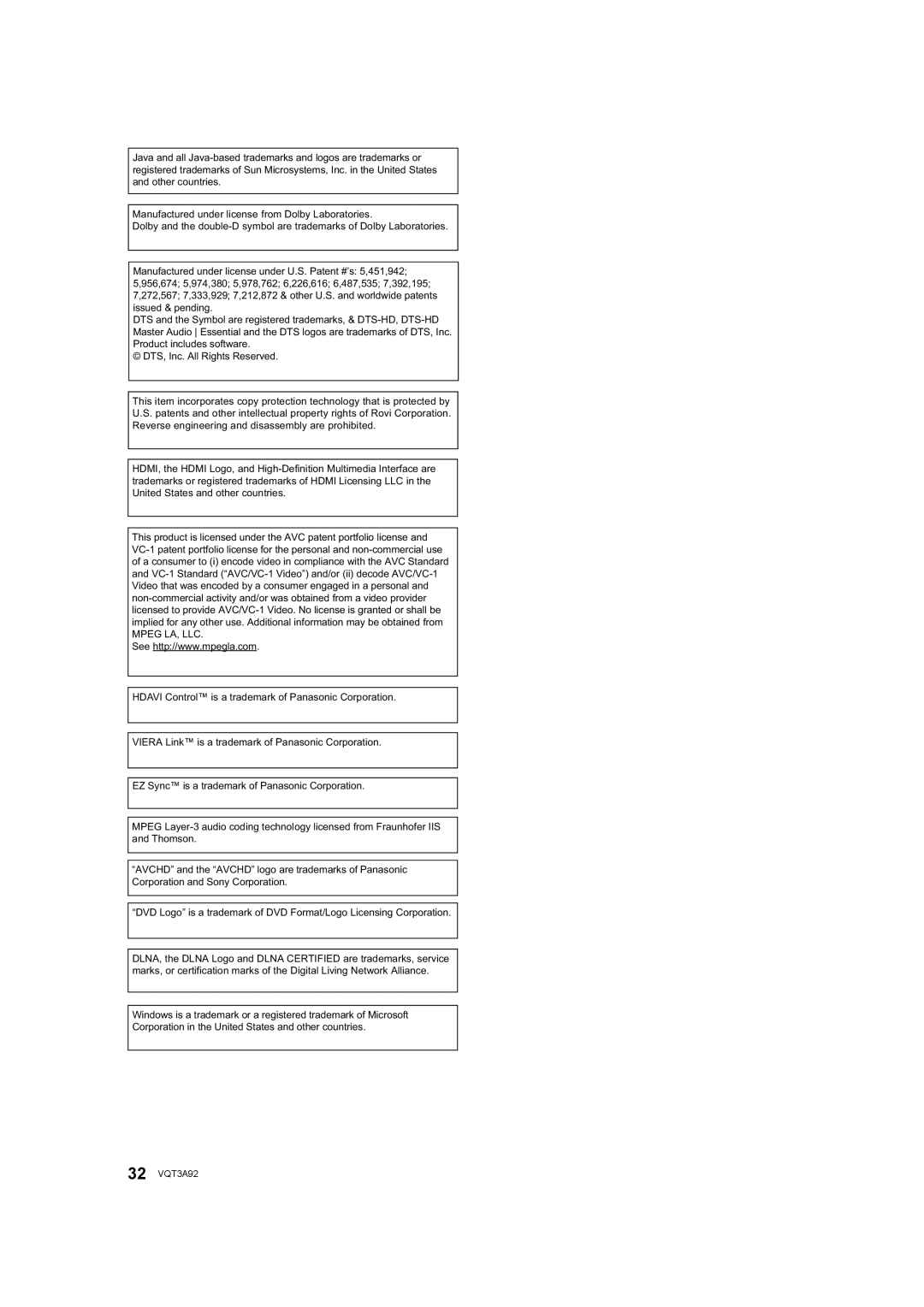 Panasonic DMP-BD755 owner manual 32 VQT3A92 