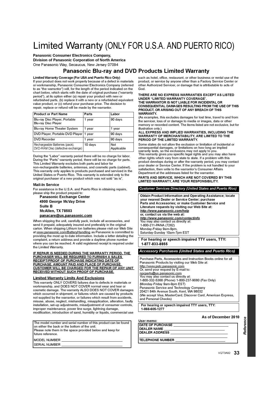 Panasonic DMP-BD755 owner manual Mail-In Service, Panasonic Exchange Center George McVay Drive Suite B, As of December 