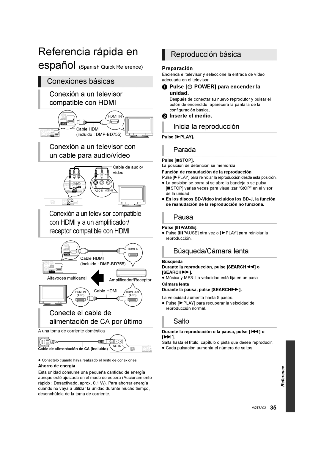 Panasonic DMP-BD755 owner manual Referencia rápida en, Conexiones básicas, Reproducción básica 