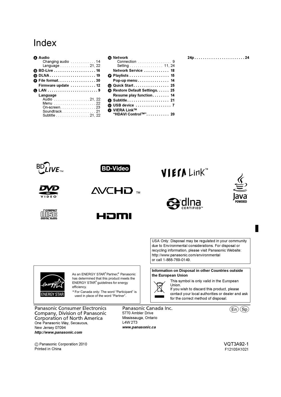 Panasonic DMP-BD755 owner manual Index, Playlists File format, Firmware update Quick Start 