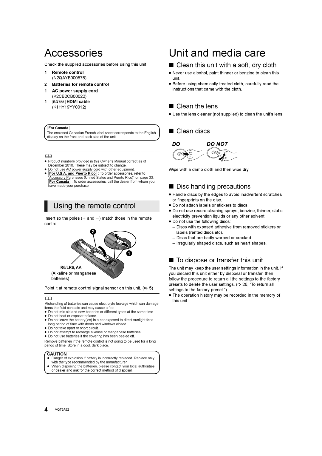 Panasonic DMP-BD755 owner manual Accessories, Unit and media care, Using the remote control 