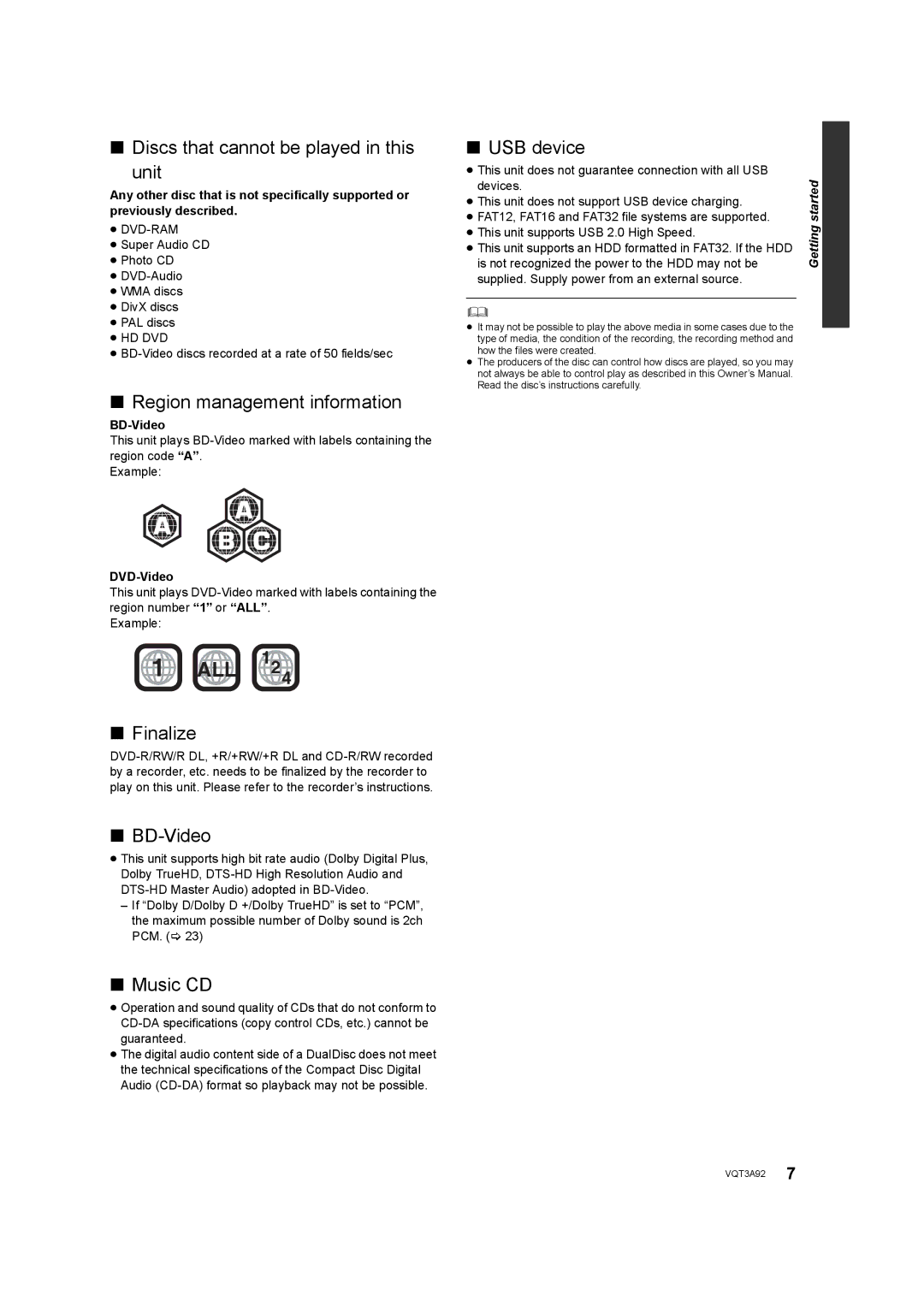 Panasonic DMP-BD755 Discs that cannot be played in this Unit, Region management information, Finalize, BD-Video, Music CD 