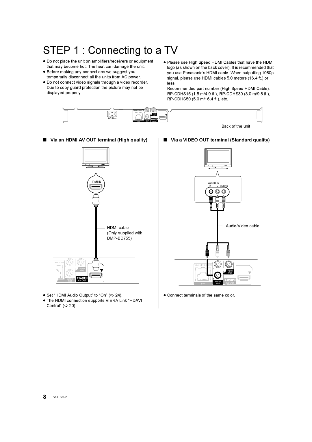 Panasonic owner manual Connecting to a TV, Back of the unit, Hdmi cable Only supplied with DMP-BD755, Audio/Video cable 