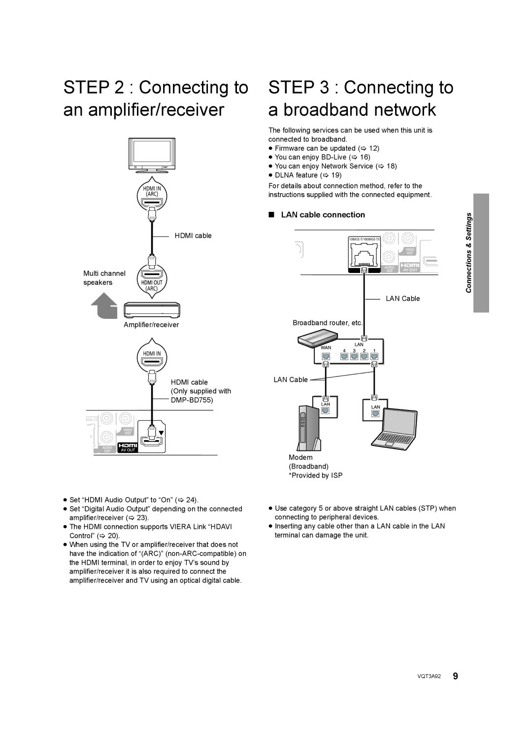 Panasonic DMP-BD755 owner manual Connecting to an amplifier/receiver, Hdmi cable Multi channel speakers, Amplifier/receiver 