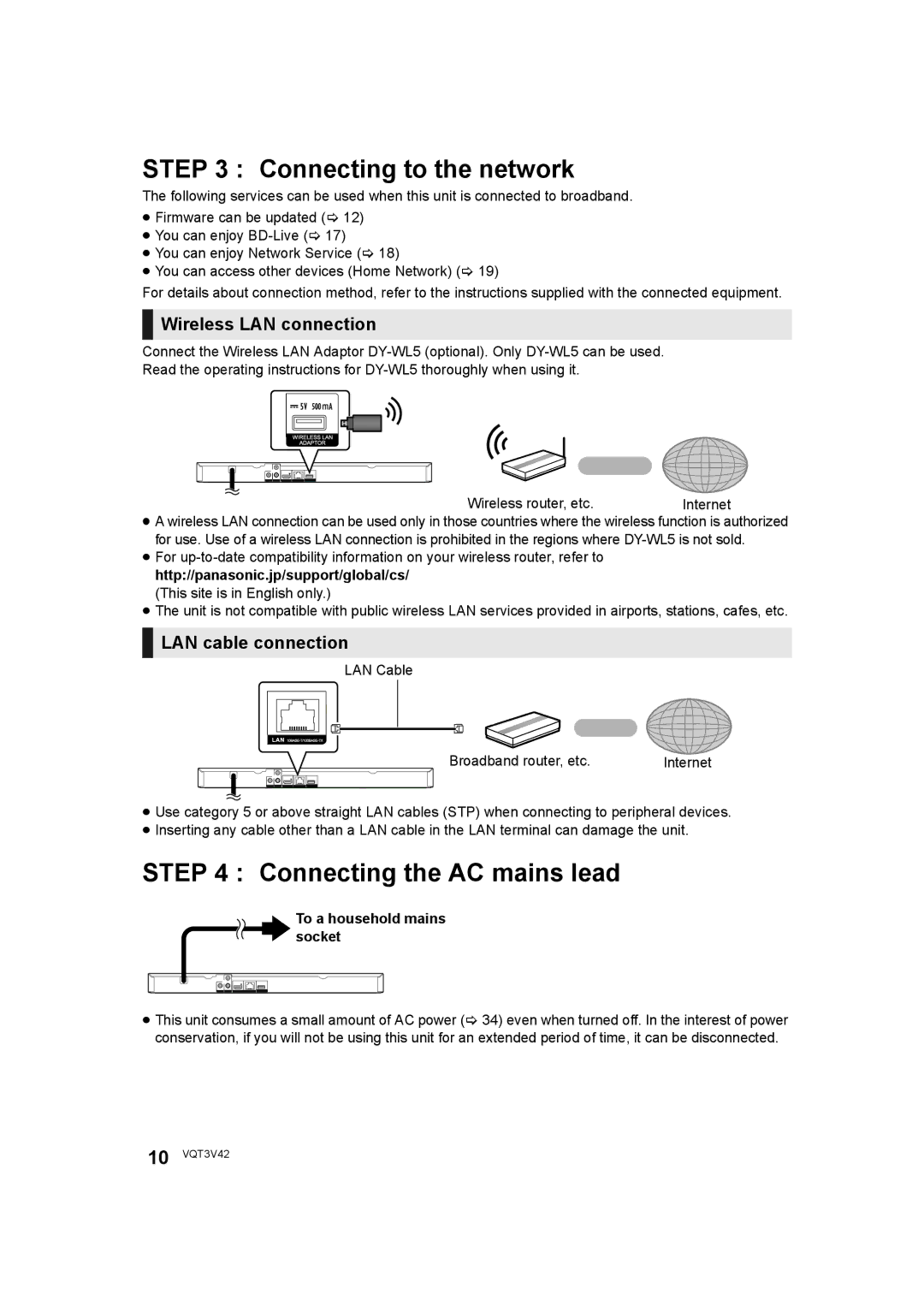 Panasonic DMP-BD77 Connecting to the network, Connecting the AC mains lead, Wireless LAN connection, LAN cable connection 