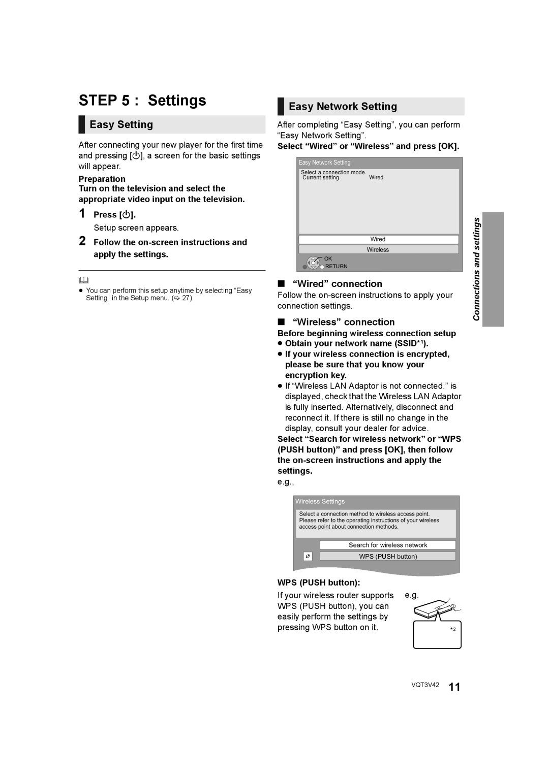 Panasonic DMP-BD77 Settings, Easy Setting, Easy Network Setting, Wired connection, Wireless connection 