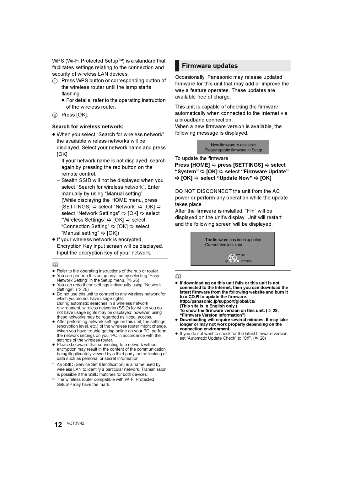 Panasonic DMP-BD77 operating instructions Firmware updates, Search for wireless network, OK select Update Now OK 