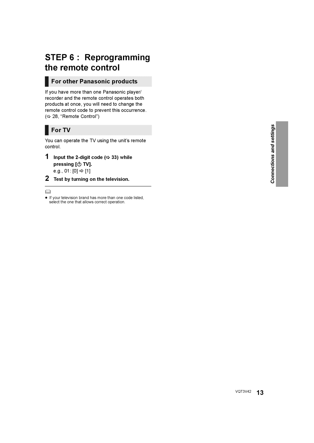 Panasonic DMP-BD77 Reprogramming the remote control, For other Panasonic products, For TV, Input the 2-digit code 33 while 