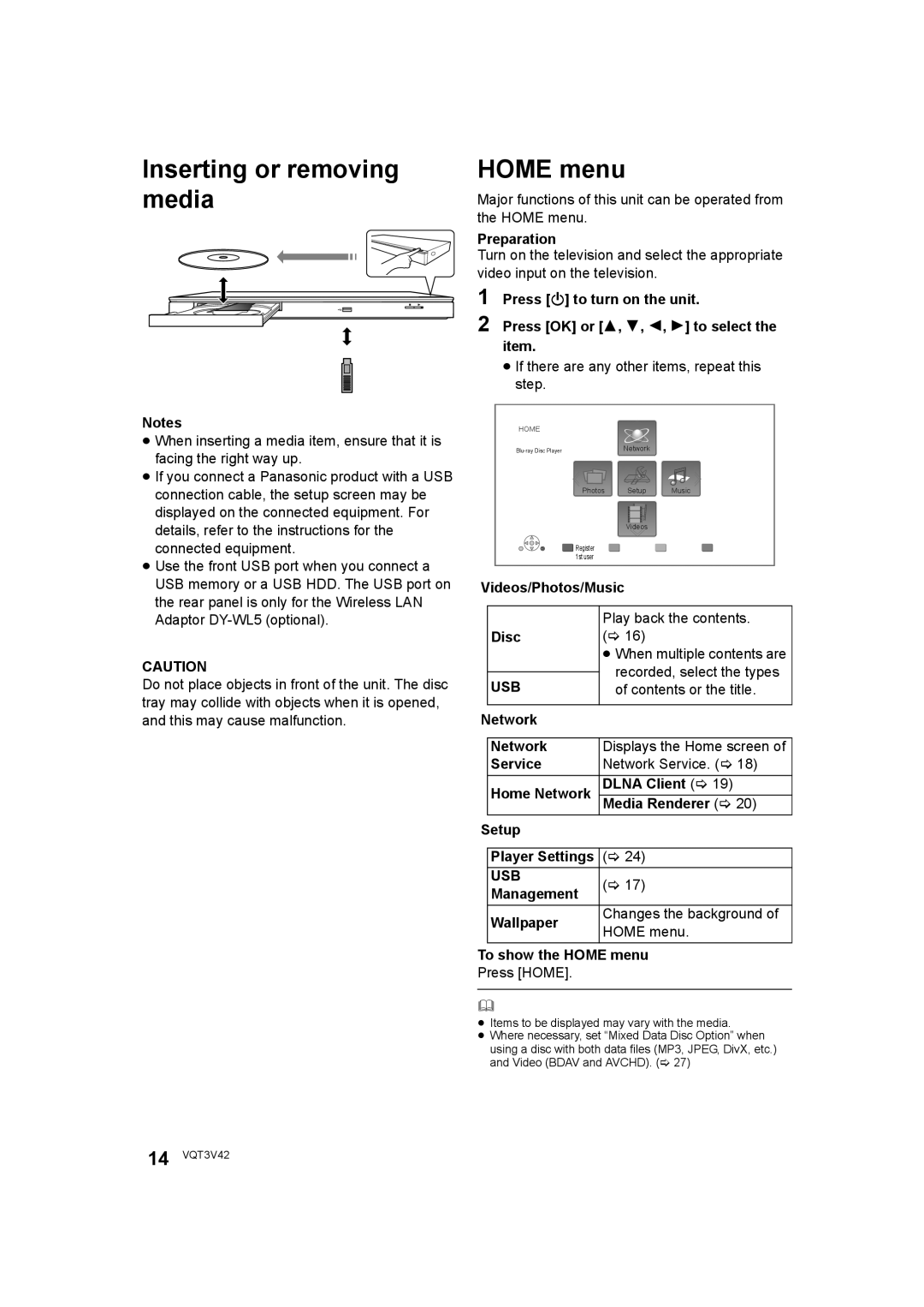 Panasonic DMP-BD77 operating instructions Inserting or removing media, Home menu 