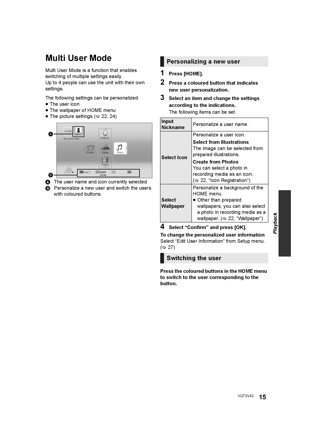 Panasonic DMP-BD77 operating instructions Multi User Mode, Personalizing a new user, Switching the user 