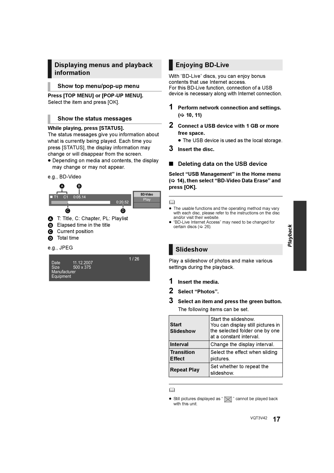 Panasonic DMP-BD77 operating instructions Displaying menus and playback information, Enjoying BD-Live, Slideshow 