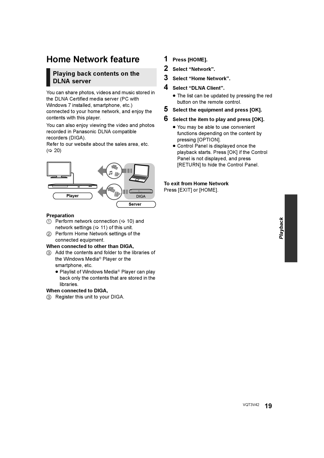 Panasonic DMP-BD77 operating instructions Home Network feature, Playing back contents on the Dlna server 