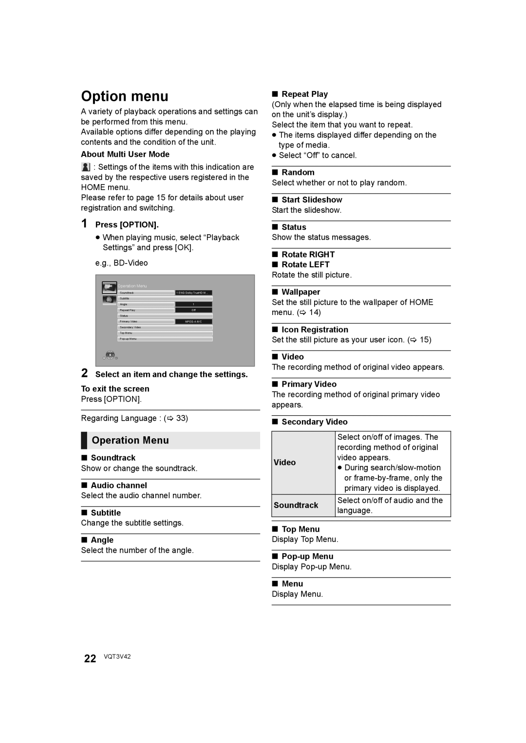 Panasonic DMP-BD77 operating instructions Option menu, Operation Menu 