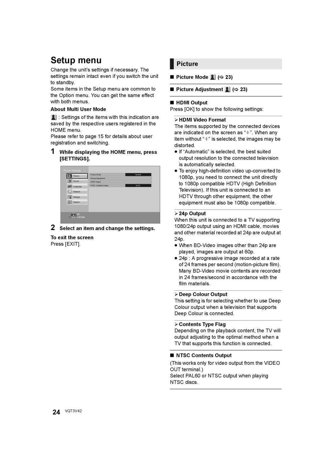 Panasonic DMP-BD77 operating instructions Setup menu, Picture 