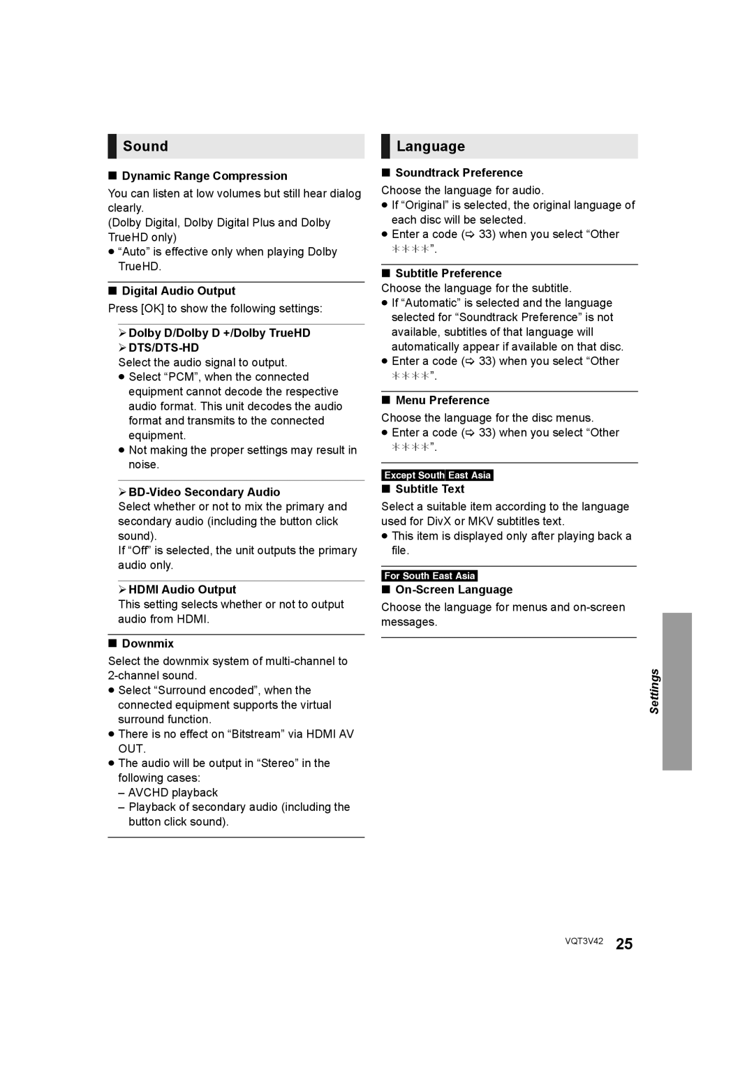 Panasonic DMP-BD77 operating instructions Sound, Language 