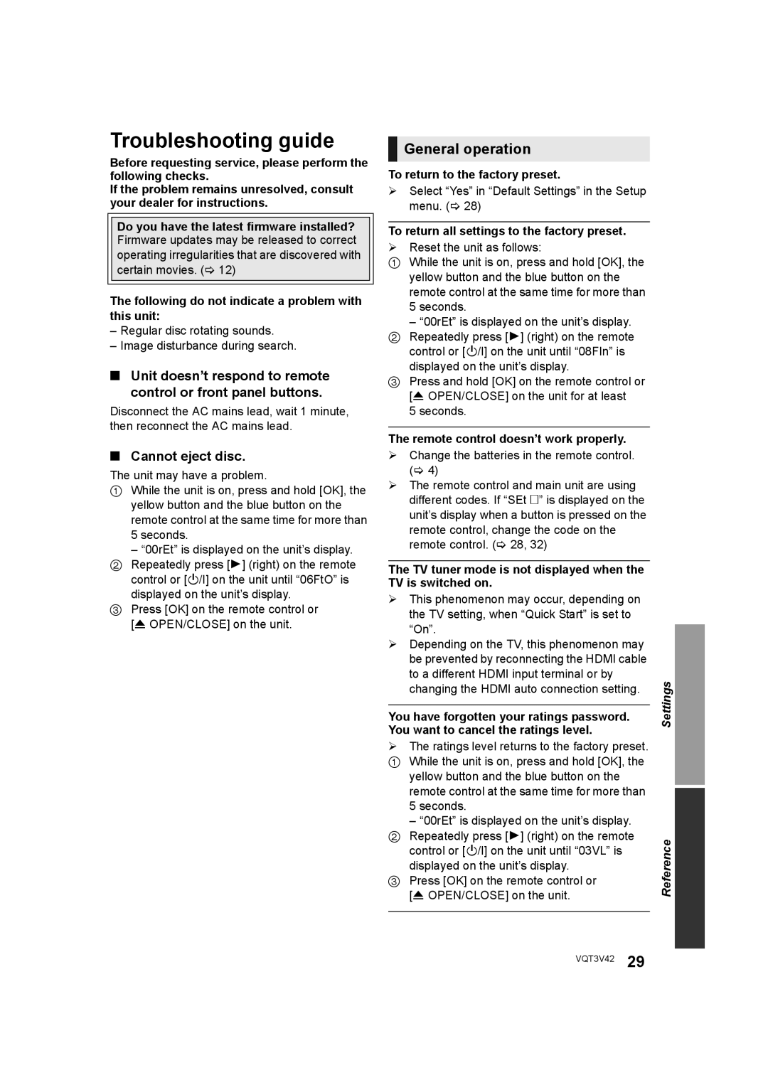 Panasonic DMP-BD77 operating instructions Troubleshooting guide, General operation, Cannot eject disc 