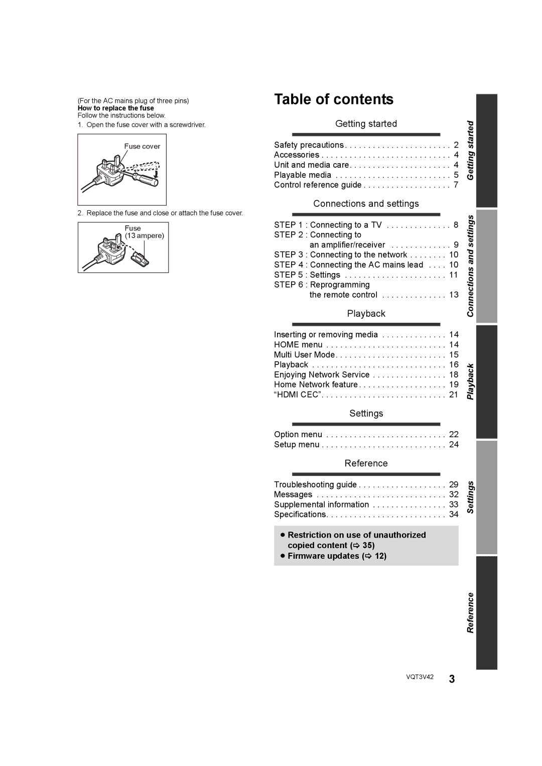 Panasonic DMP-BD77 operating instructions Table of contents 