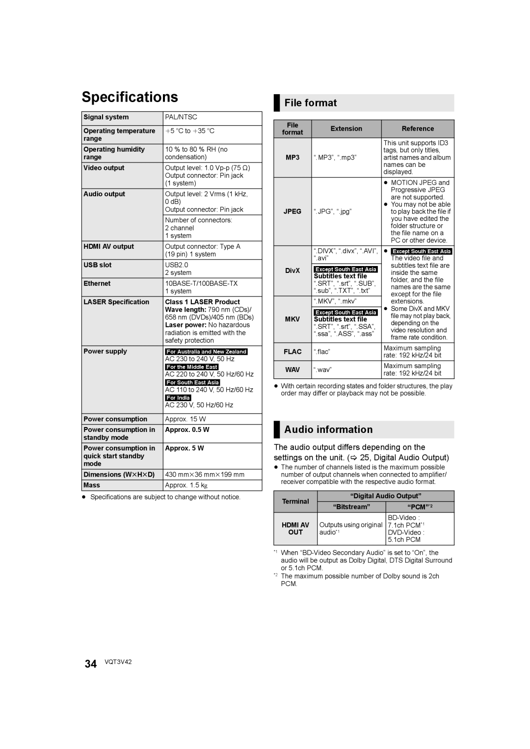 Panasonic DMP-BD77 operating instructions Specifications, File format, Audio information 