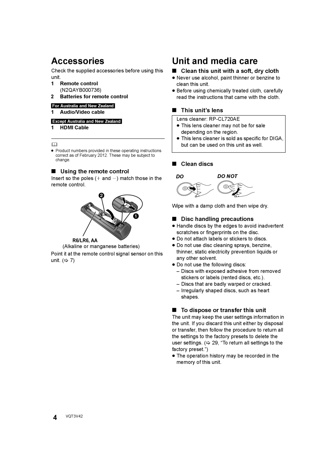 Panasonic DMP-BD77 operating instructions Accessories, Unit and media care 