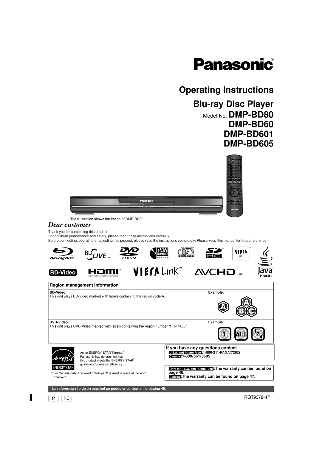 Panasonic DMP-BD60 warranty Region management information, If you have any questions contact, Canada1-800-561-5505 