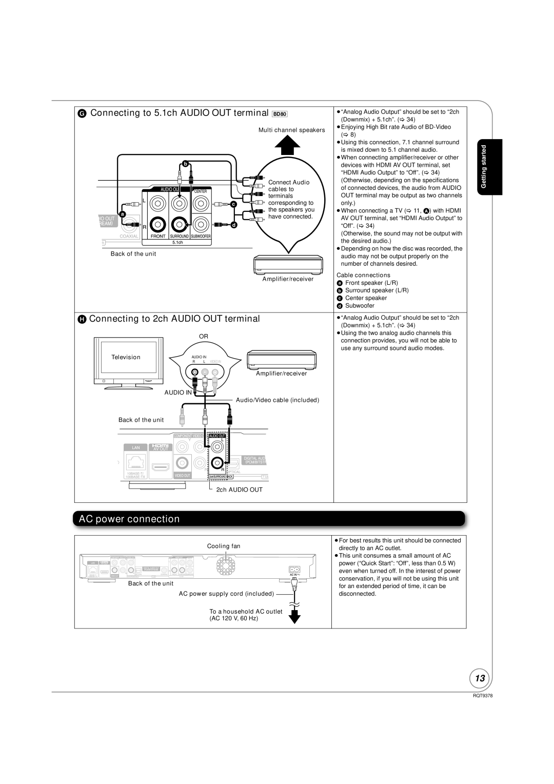 Panasonic DMP-BD80, DMP-BD605 warranty AC power connection, Audio 