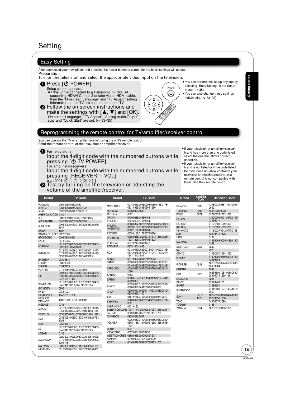 Panasonic DMP-BD80, DMP-BD605 warranty Easy Setting, Press Í Power, For televisions, For amplifiers/receivers 