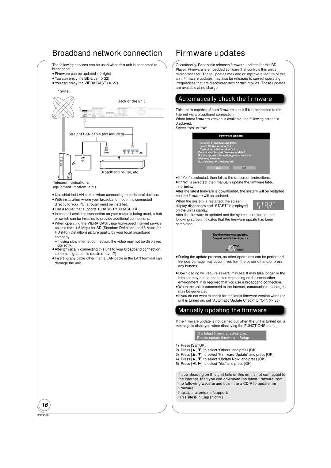 Panasonic DMP-BD80, DMP-BD605 warranty Broadband network connection, Firmware updates, Automatically check the firmware 